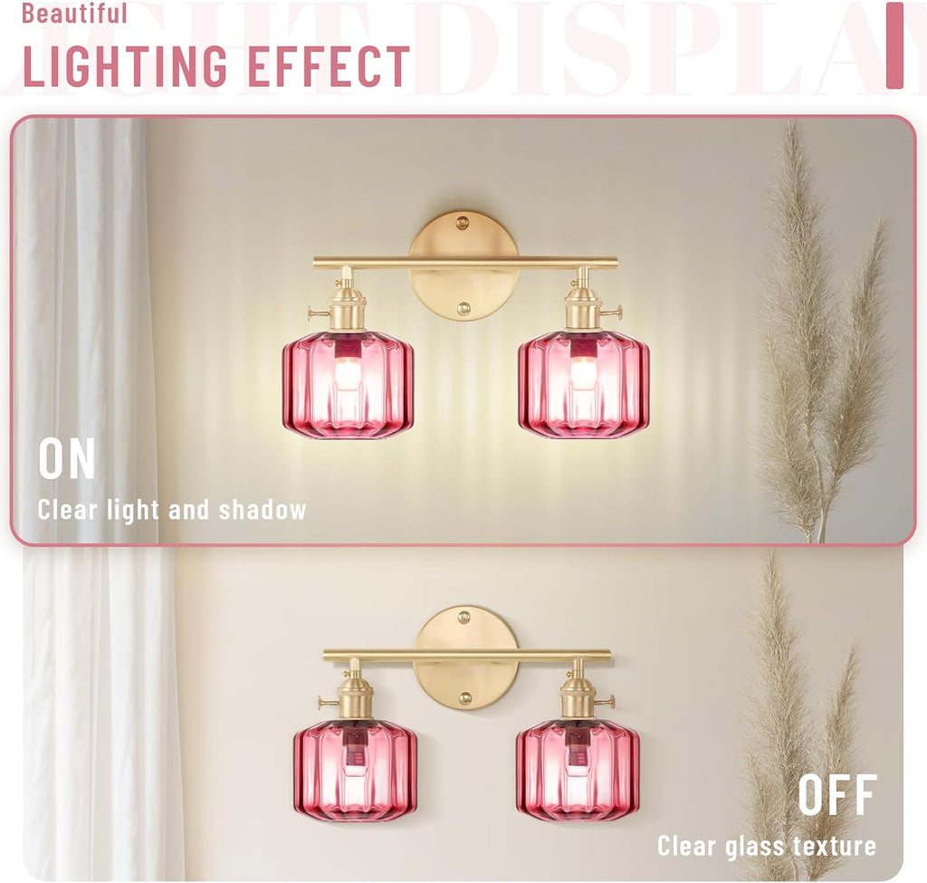 Vintage Wall Light Brass Vanity Light Bathroom Light Fixtures 2-Light Wall Sconce with Purple Globe Glass Shades Vanity Lighting for Stairwell Living Room Bedside Bedroom