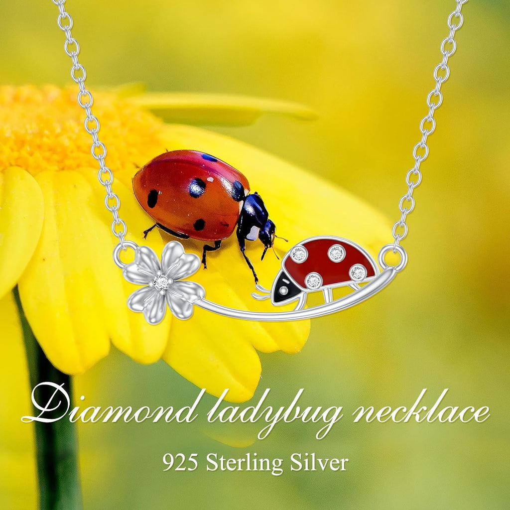 Diamond Ladybug Necklace for Women 925 Sterling Silver Lucky Four Leaf Clover and Ladybug Necklace with Lab Grown Diamonds Jewelry Gifts for Mom Wife Girlfriend Daughter
