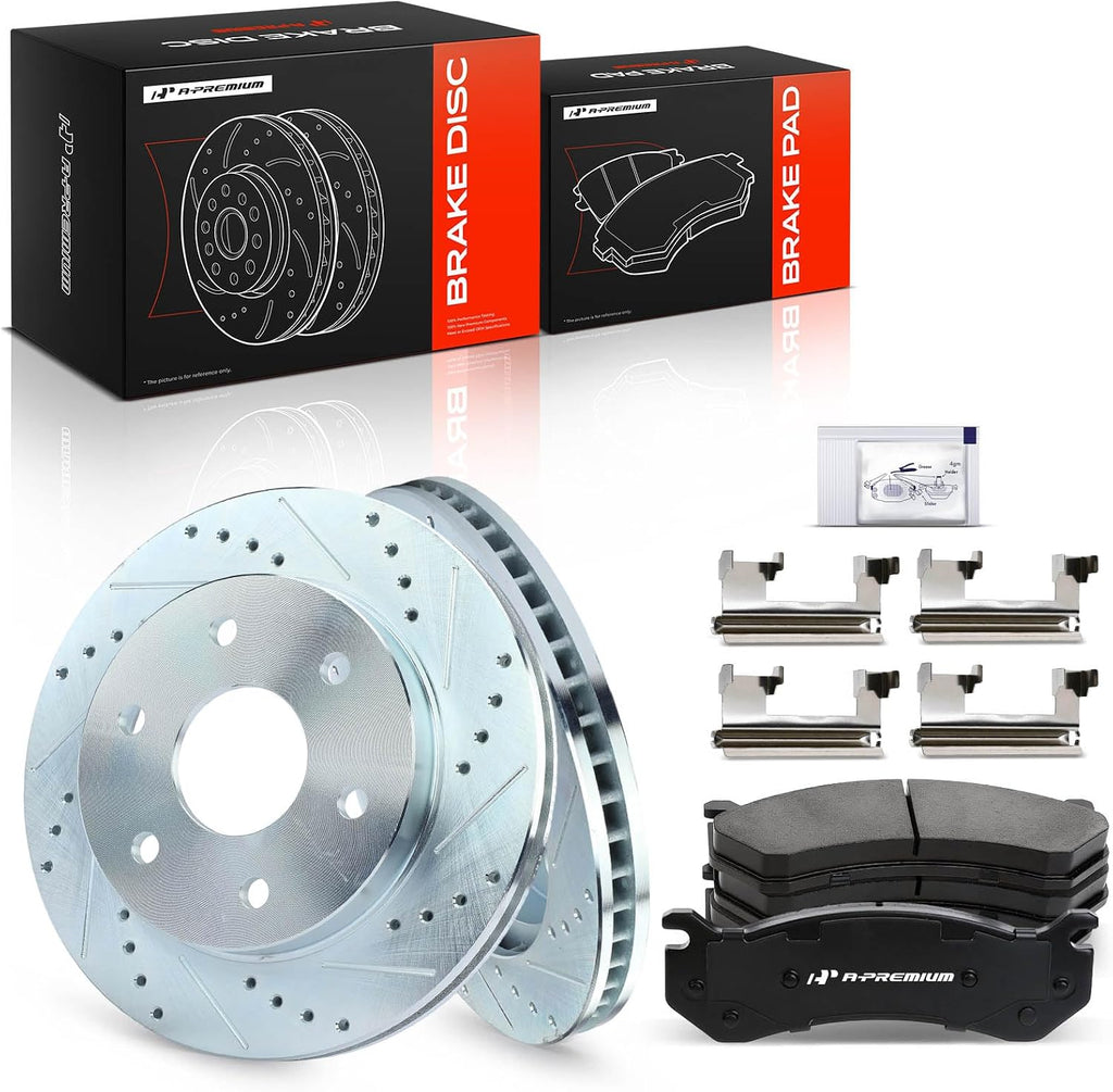 A-Premium 12.00 inch (304.70mm) Front Drilled and Slotted Disc Brake Rotors + Ceramic Pads Kit Compatible with Cadillac, Chevy & GMC Models - Escalade, Avalanche, Express, Silverado, Suburban, Tahoe