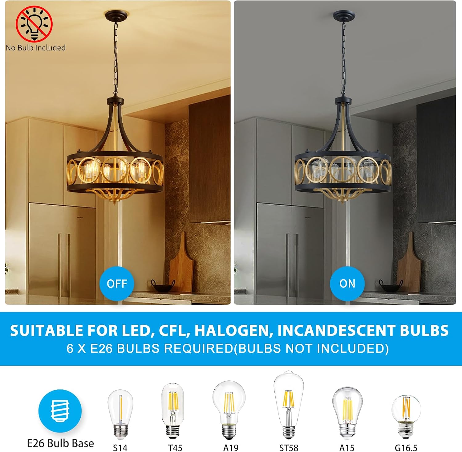 XINGQI 22' Black Gold Chandeliers for Dining Room Drum 6-Light Modern Pendant Lighting Fixture Over Table Rustic Metal Round Adjustable Height Hanging Lamp for Living Room Kitchen Island