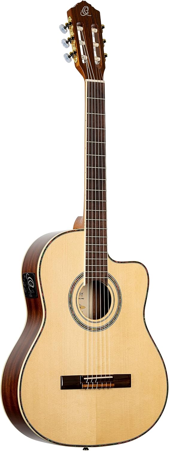 Ortega Guitars 6 String Family Series Pro Solid Top Thinline Acoustic-Electric Nylon Classical Guitar w/Bag, Right, Full (RCE145NT)