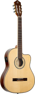 Ortega Guitars 6 String Family Series Pro Solid Top Thinline Acoustic-Electric Nylon Classical Guitar w/Bag, Right, Full (RCE145NT)