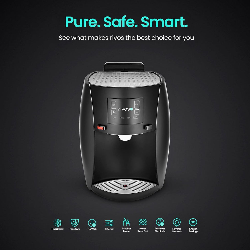 Rivos Spirit Smart Water Dispenser, Hot & Cold Countertop Dispenser, 316 Stainless Steel, Shabbat-Compatible System with Filter & Carbon Filter, Eco-Friendly Home & Office Hydration (Black)