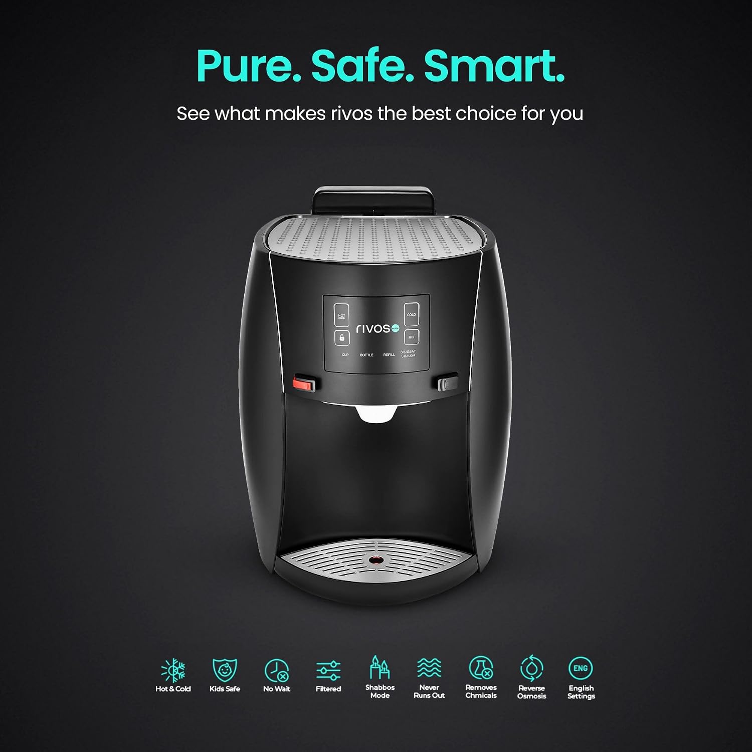 Rivos Spirit Smart Water Dispenser, Hot & Cold Countertop Dispenser, 316 Stainless Steel, Shabbat-Compatible System with Filter & Carbon Filter, Eco-Friendly Home & Office Hydration (Black)