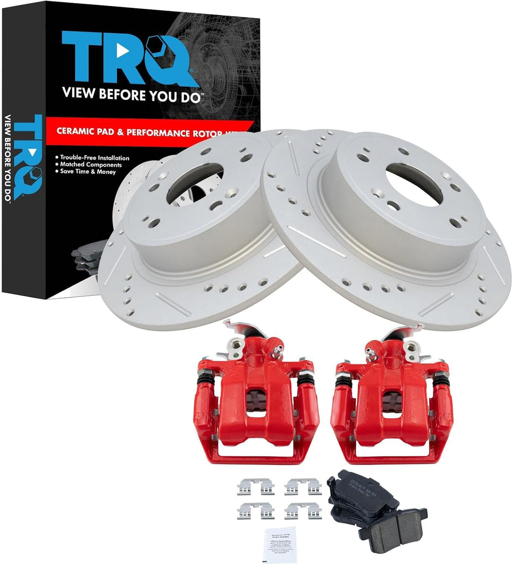 TRQ Performance Rear Brake Pad and Rotor Set Ceramic Coated Drilled Slotted Vented Rotors Calipers Red Compatible with 2009-2014 Acura TSX 2008-2012 Honda Accord
