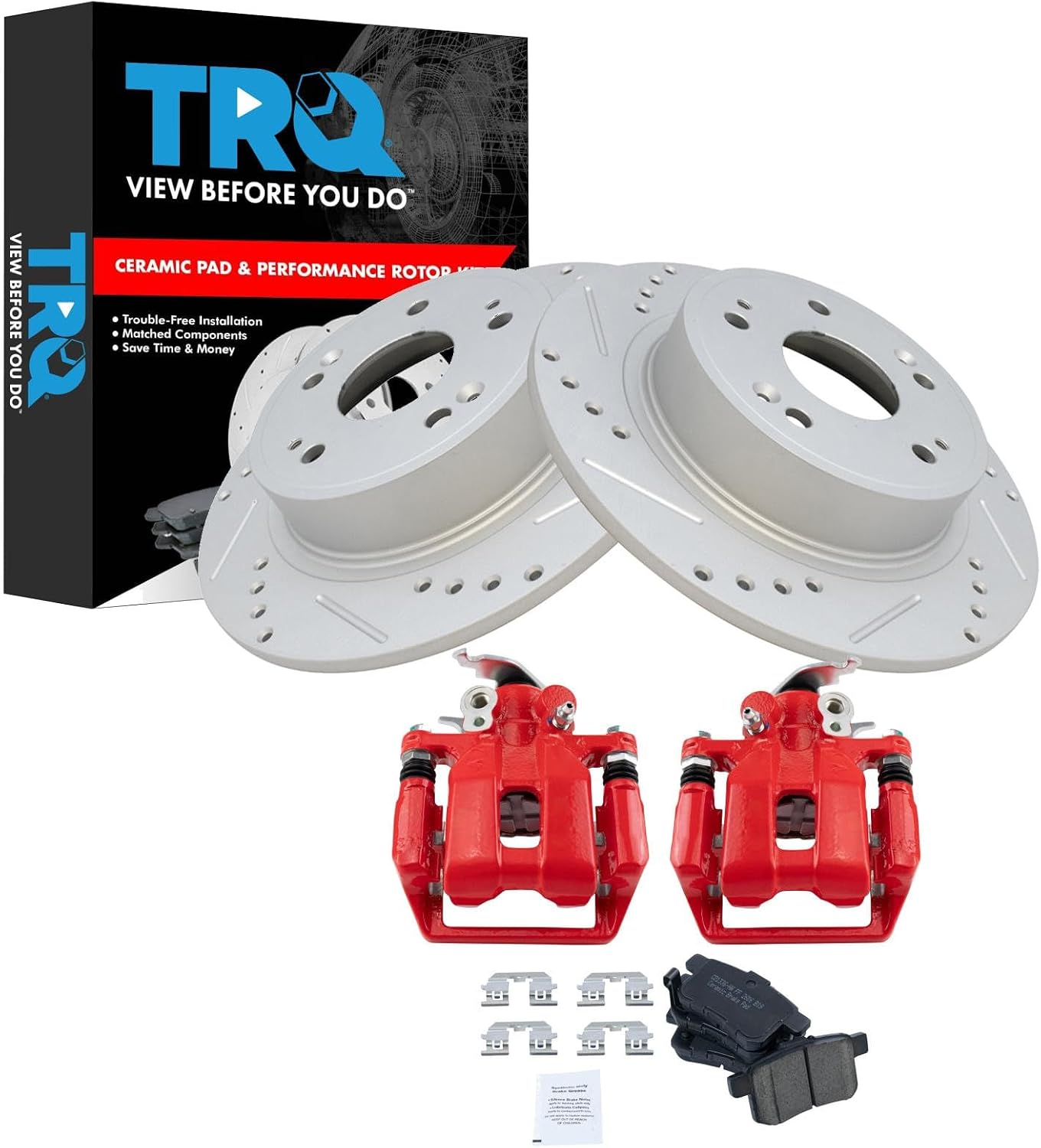 TRQ Performance Rear Brake Pad and Rotor Set Ceramic Coated Drilled Slotted Vented Rotors Calipers Red Compatible with 2009-2014 Acura TSX 2008-2012 Honda Accord