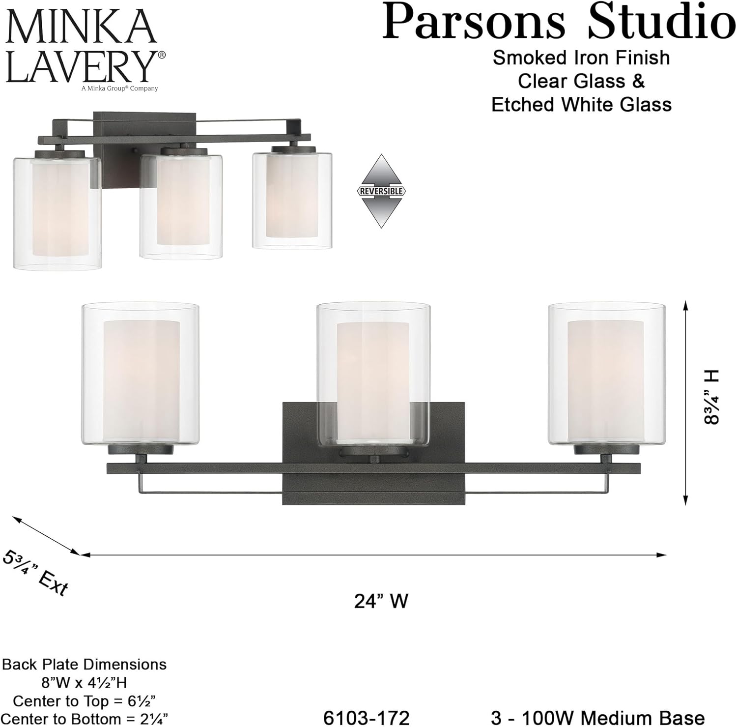 Minka Lavery 6103-172 Parsons Studio Vanity Bath Light, 3-Light, 300 Total Watts, 24-in H x 8.75-in W, Smoked Iron