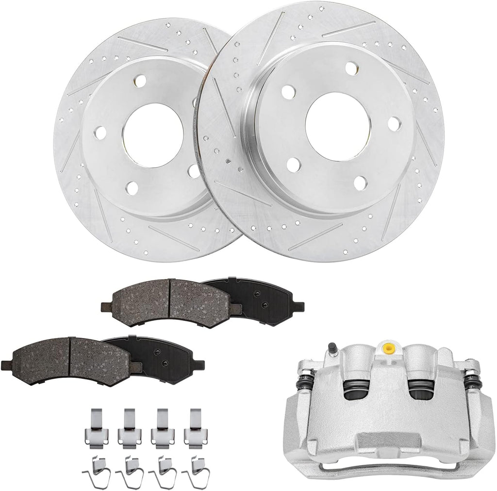 Detroit Axle - Front Drilled Rotors Ceramic Brake Pads Left Brake Caliper Replacement for Mitsubishi Raider Dodge Dakota - 5pc Set