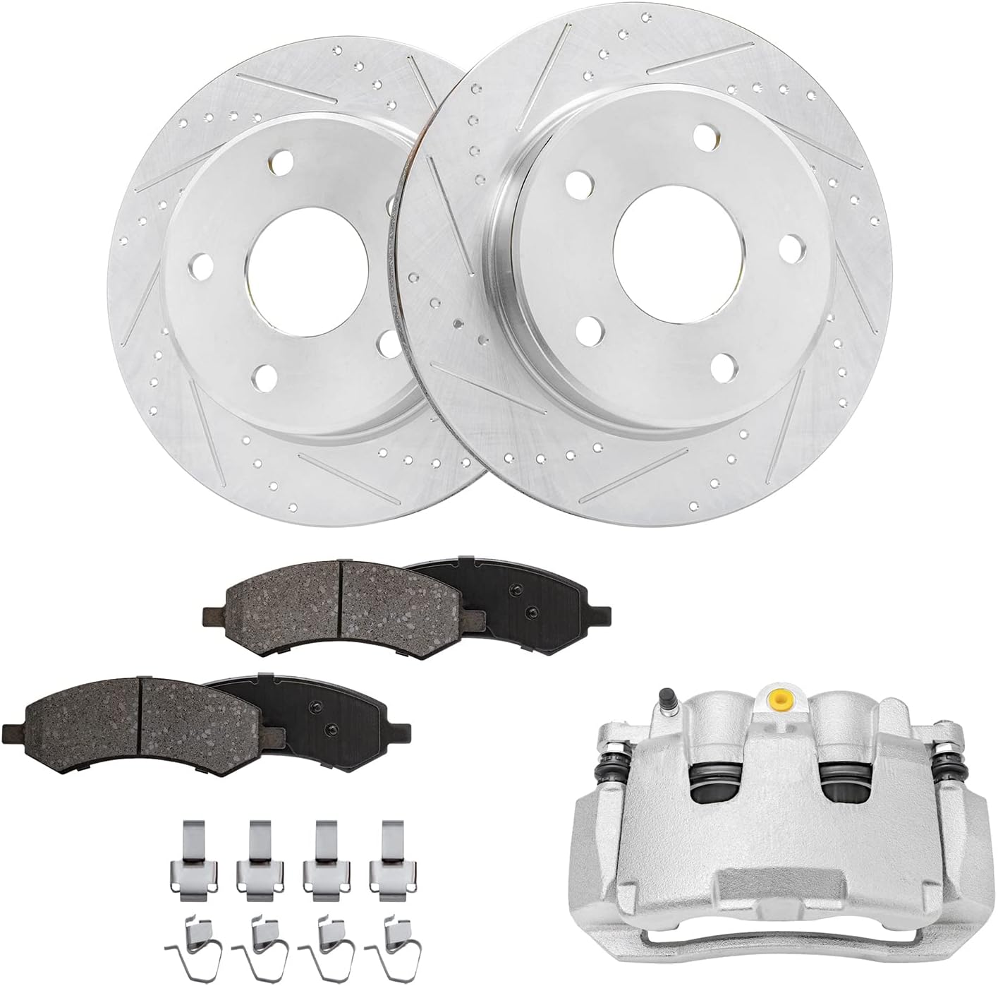 Detroit Axle - Front Drilled Rotors Ceramic Brake Pads Left Brake Caliper Replacement for Mitsubishi Raider Dodge Dakota - 5pc Set