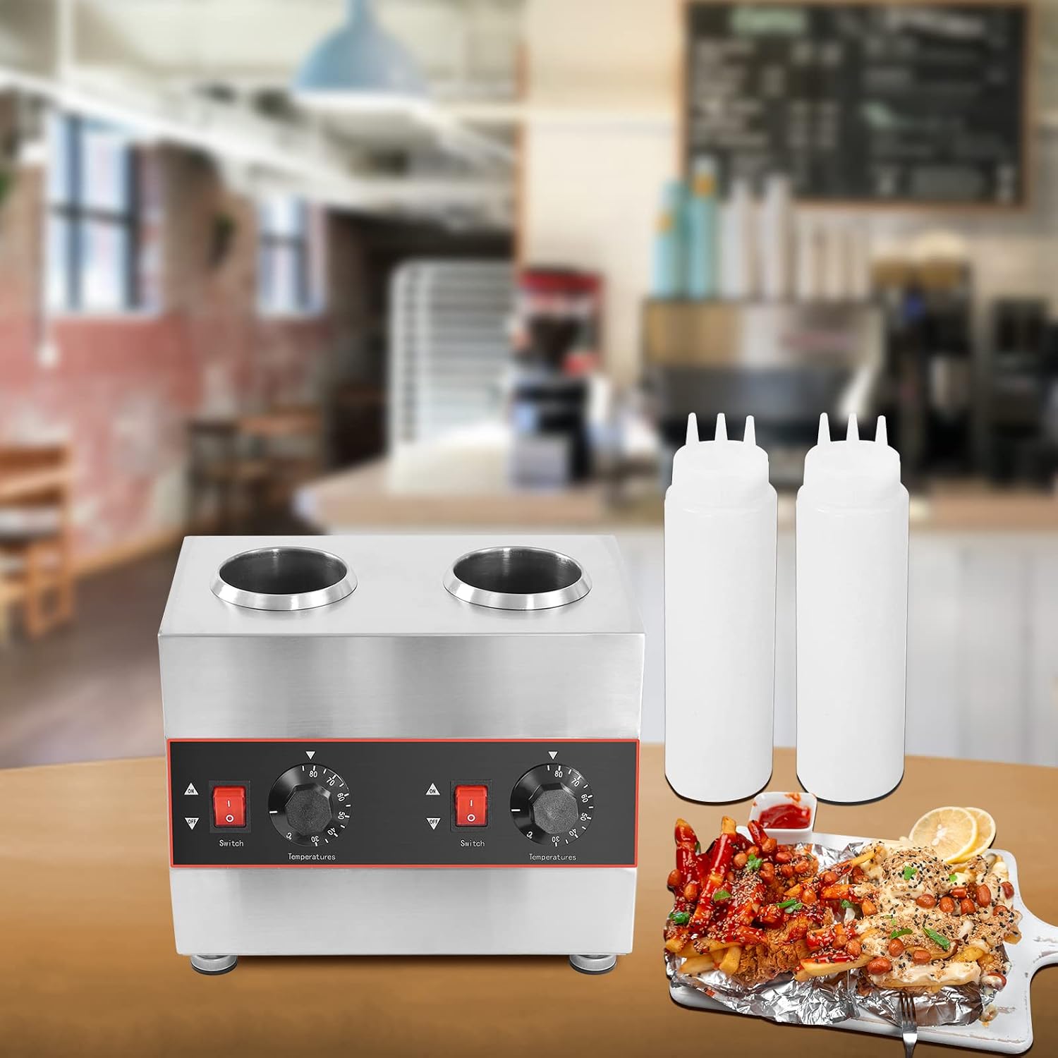 Commercial Electric Sauce Warmer Heater, 2 Grids Countertop Food Sauce Dispenser Heater, Jam Cheese Chocolate Caramel Sauce Heat Preservation Machine 86-185 ℉ 650ml (2 Bottles)