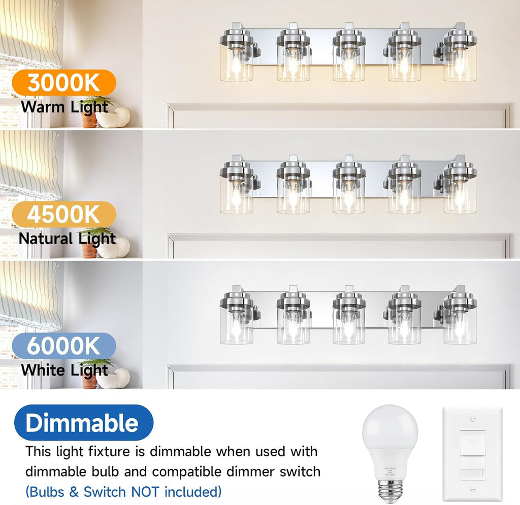 Bathroom Light Fixtures, 5-Light Bathroom Vanity Lights Over Mirror, Polished Chrome Vanity Lights with Glass Shade, 31' Modern Wall Sconce for Cabinet Porch Bedroom, Hallway E26