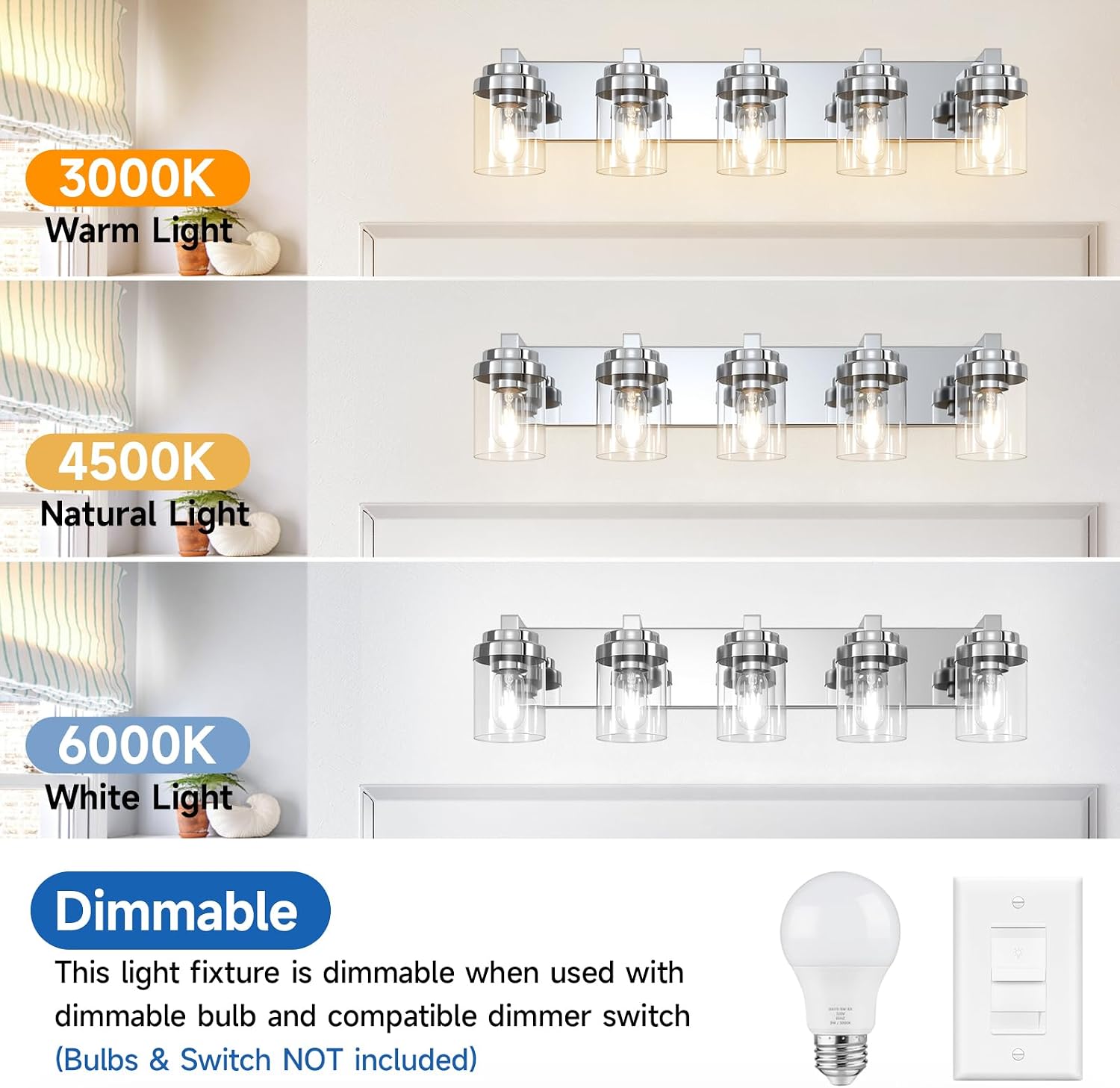 Bathroom Light Fixtures, 5-Light Bathroom Vanity Lights Over Mirror, Polished Chrome Vanity Lights with Glass Shade, 31' Modern Wall Sconce for Cabinet Porch Bedroom, Hallway E26