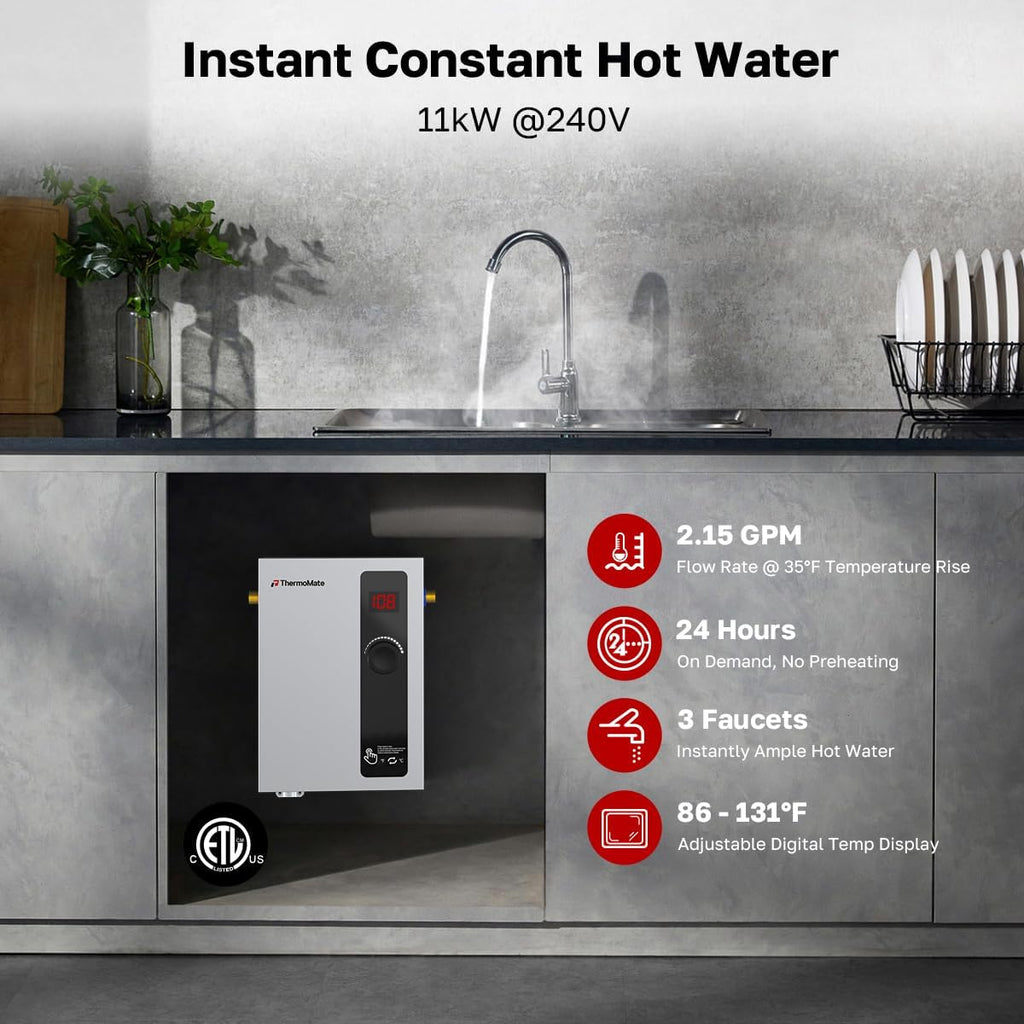 ThermoMate Tankless Water Heater Electric, 11kW 240 Volt On Demand Instant Hot Water Heater for Point of Use, Self-Modulating LED Display Knob Control, ETL Certified, 2.15GPM at 35°F Rise