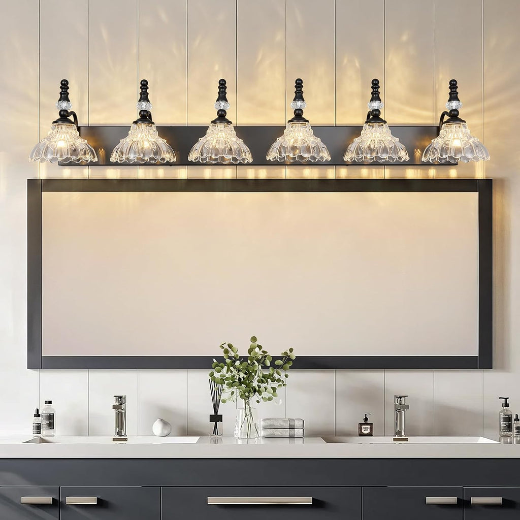 Vintage Bathroom Vanity Light, 6-Light Black Vanity Lighting Fixture with Flower Glass Shade, Bathroom Lighting Fixtures Over Mirror