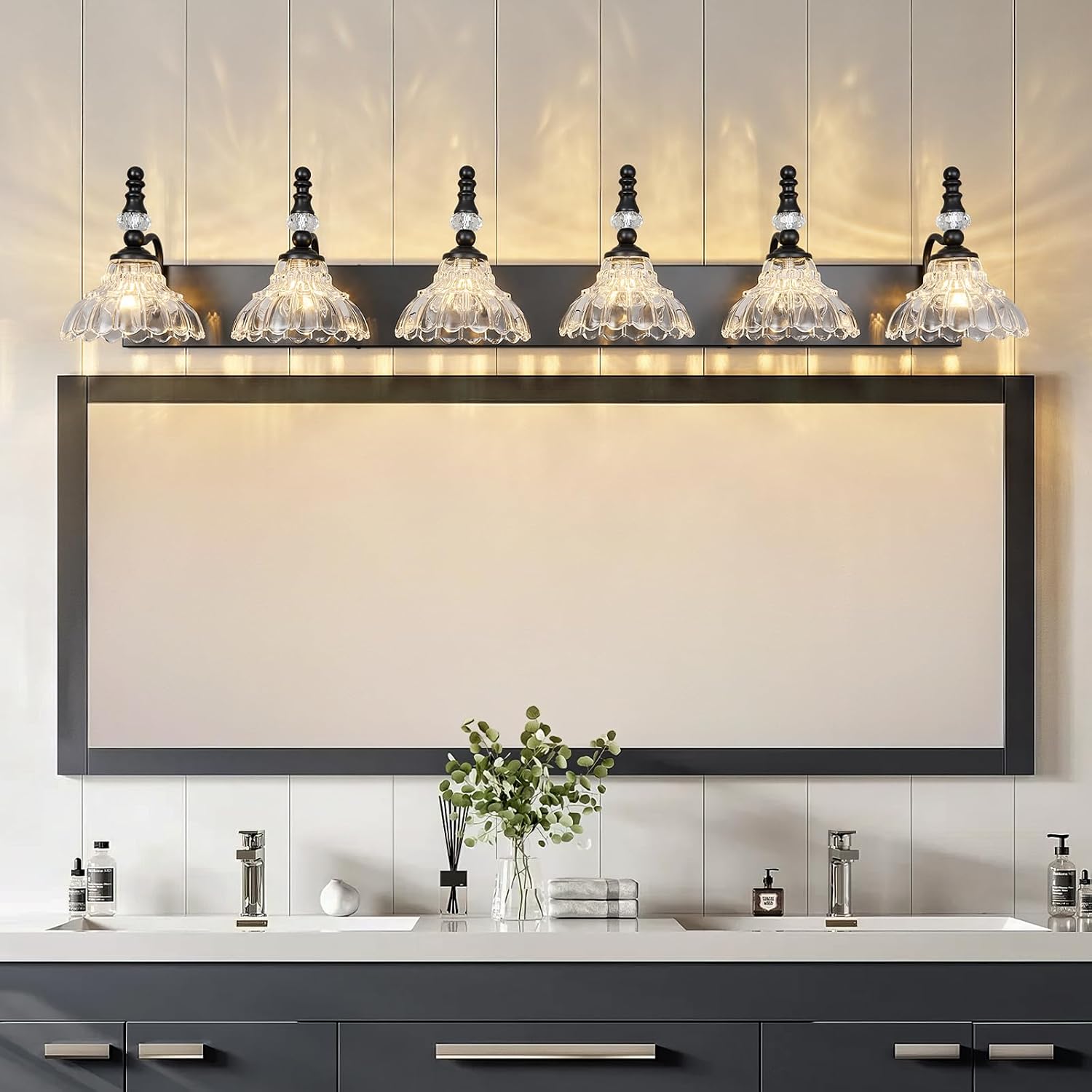 Vintage Bathroom Vanity Light, 6-Light Black Vanity Lighting Fixture with Flower Glass Shade, Bathroom Lighting Fixtures Over Mirror