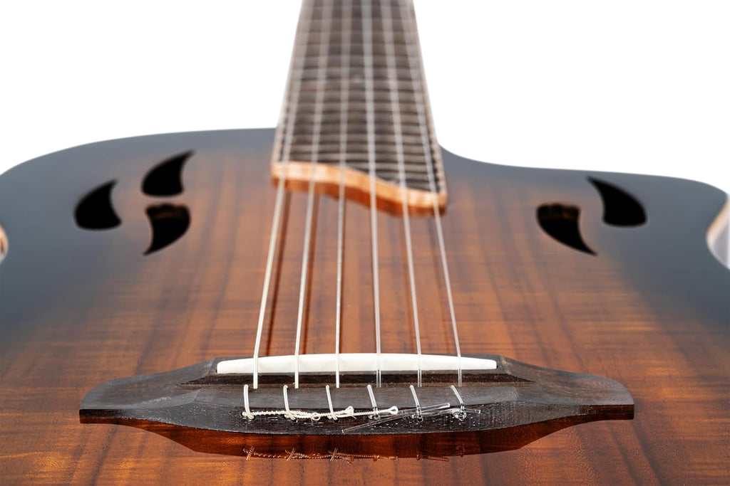 Ortega TourPlayer Deluxe Thinline Crossover Nylon-String Electric Guitar w/Pro gig bag, Acacia Gloss Burst (RTPDLX-ACA)