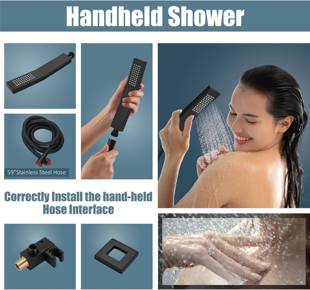 Aolemi Rainfall Shower System Shower Head Combo Set with Tub Filler Handheld Shower Luxury Rough-in Valve Included Wall Mount Bathroom Shower Mixer Faucet 10 Inch Shower Head Matte Black
