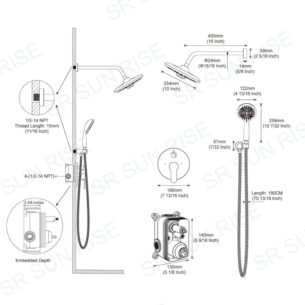 SR SUN RISE Shower Faucet - 10 Inch Multifunctional High Pressure Shower Head System with Handheld Shower Head Fixtures - Valve Included - Matte Black