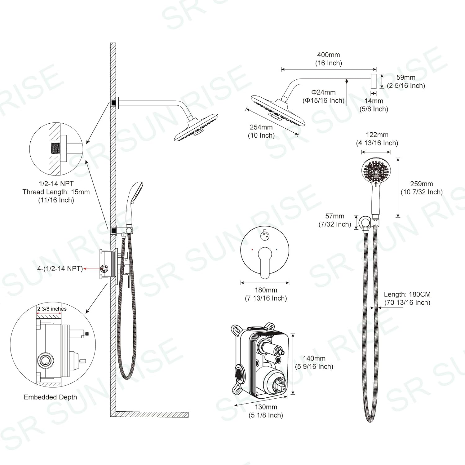SR SUN RISE Shower Faucet - 10 Inch Multifunctional High Pressure Shower Head System with Handheld Shower Head Fixtures - Valve Included - Matte Black
