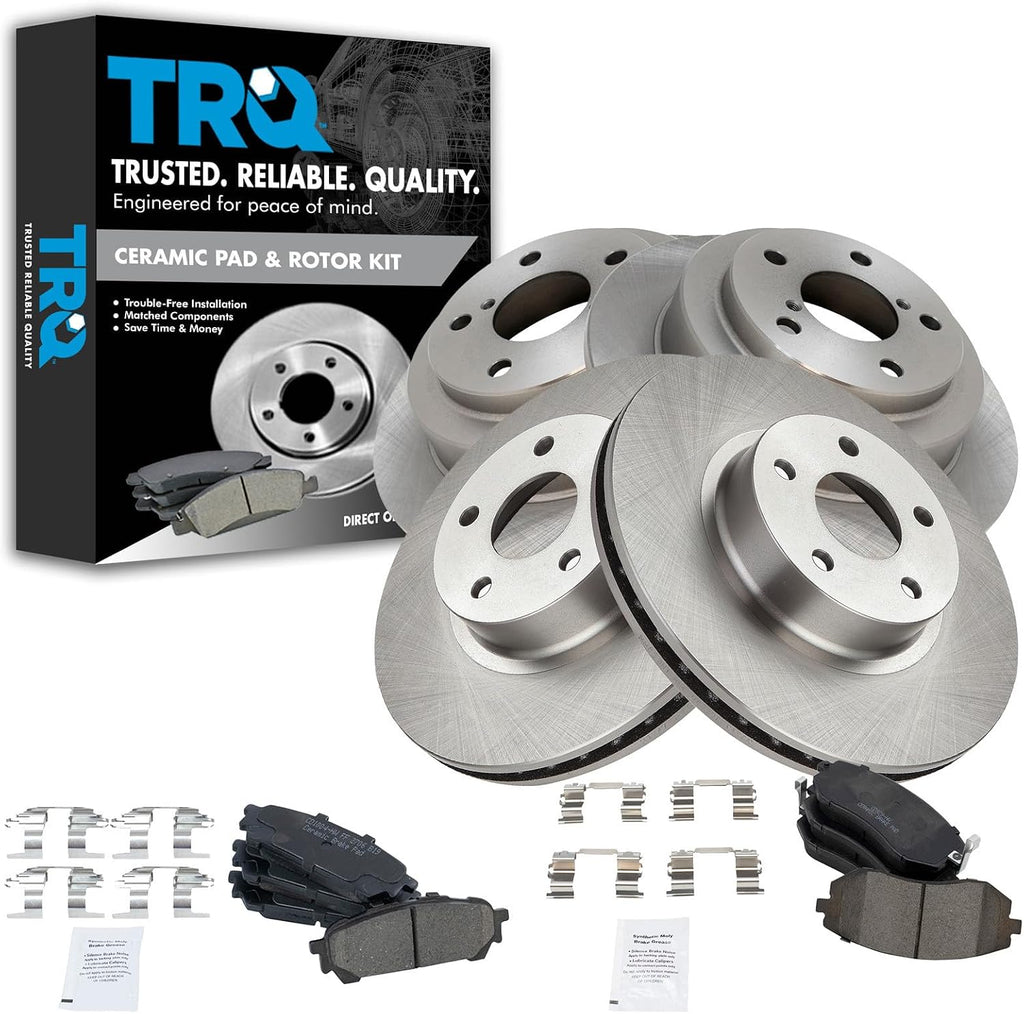 TRQ Front and Rear Brake Pad and Rotor Set Ceramic Vented Solid Rotors Compatible with 2005-2006 Saab 9-2X 2004-2007 Subaru Impreza