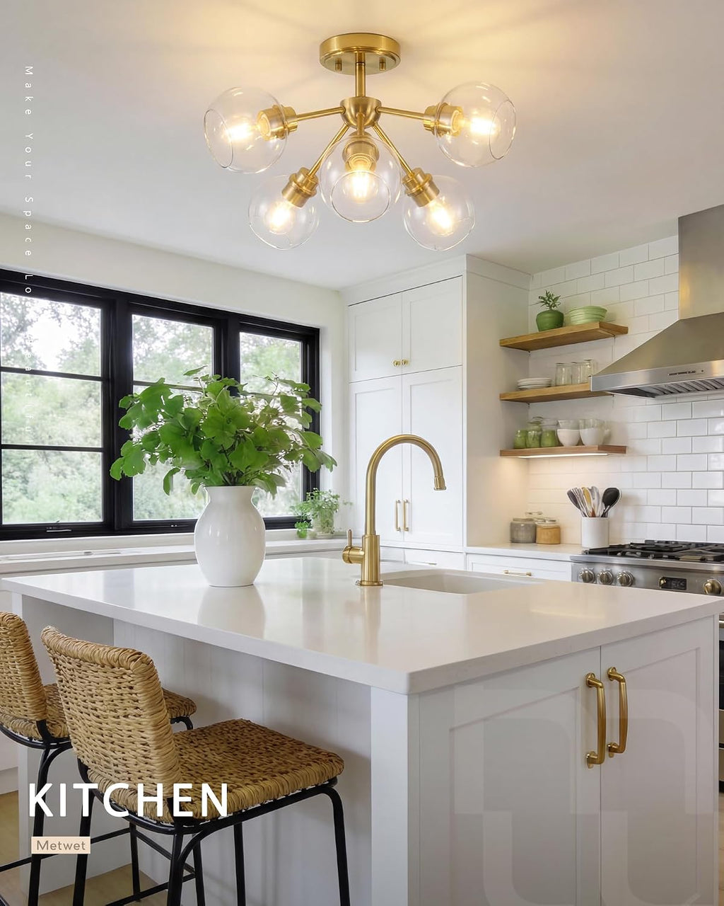 6-Light Semi Flush Mount Ceiling Light, 22' Modern Light Fixtures Ceiling Mount with Globe Clear Glass Shade, Brushed Gold Light Fixtures for Kitchen Entryway Bedroom, SM195-BG-6