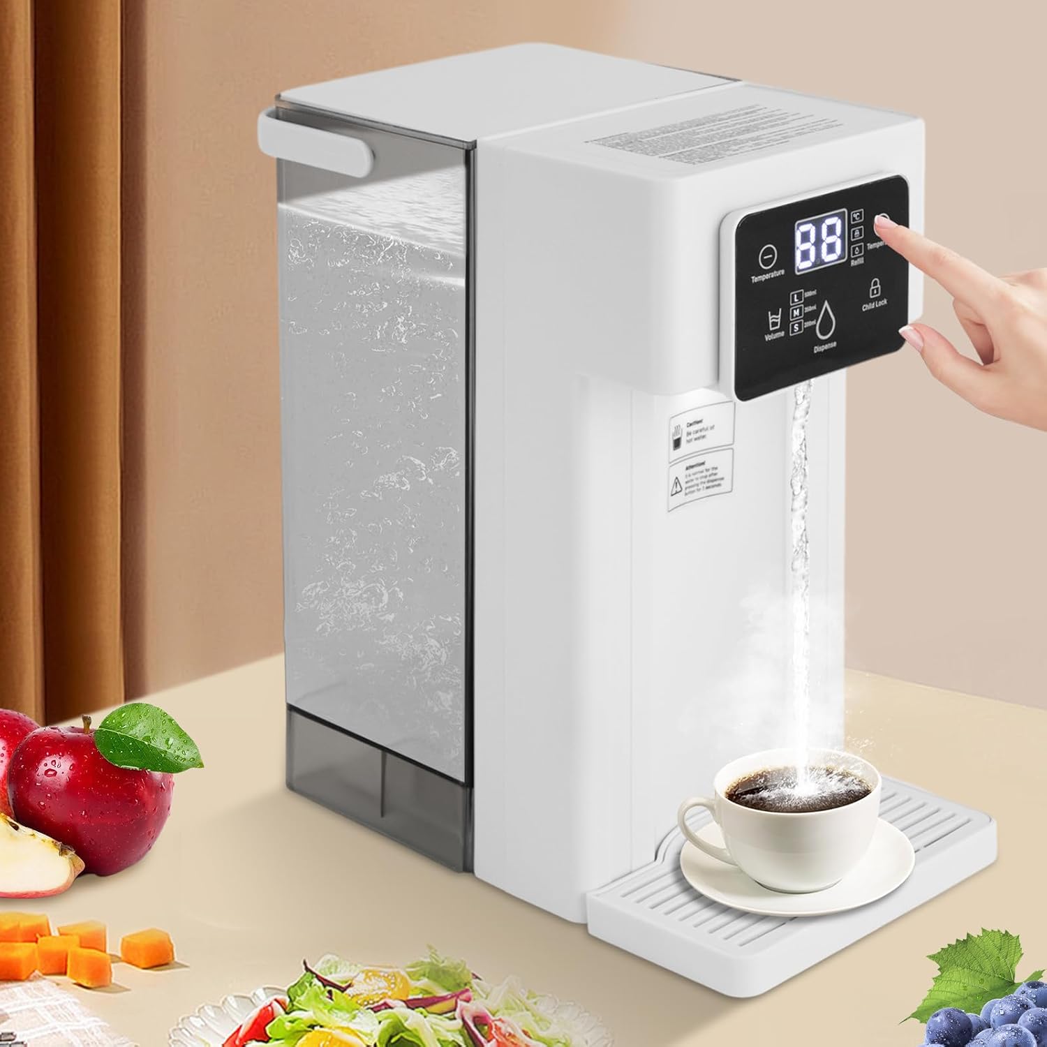 3L Instant Hot Water Dispenser, 1500W Countertop Water Filter with Safety Lock, Quick Heating Water Cooler for Kitchen, Office, RV, Bedroom & Living Room (White)