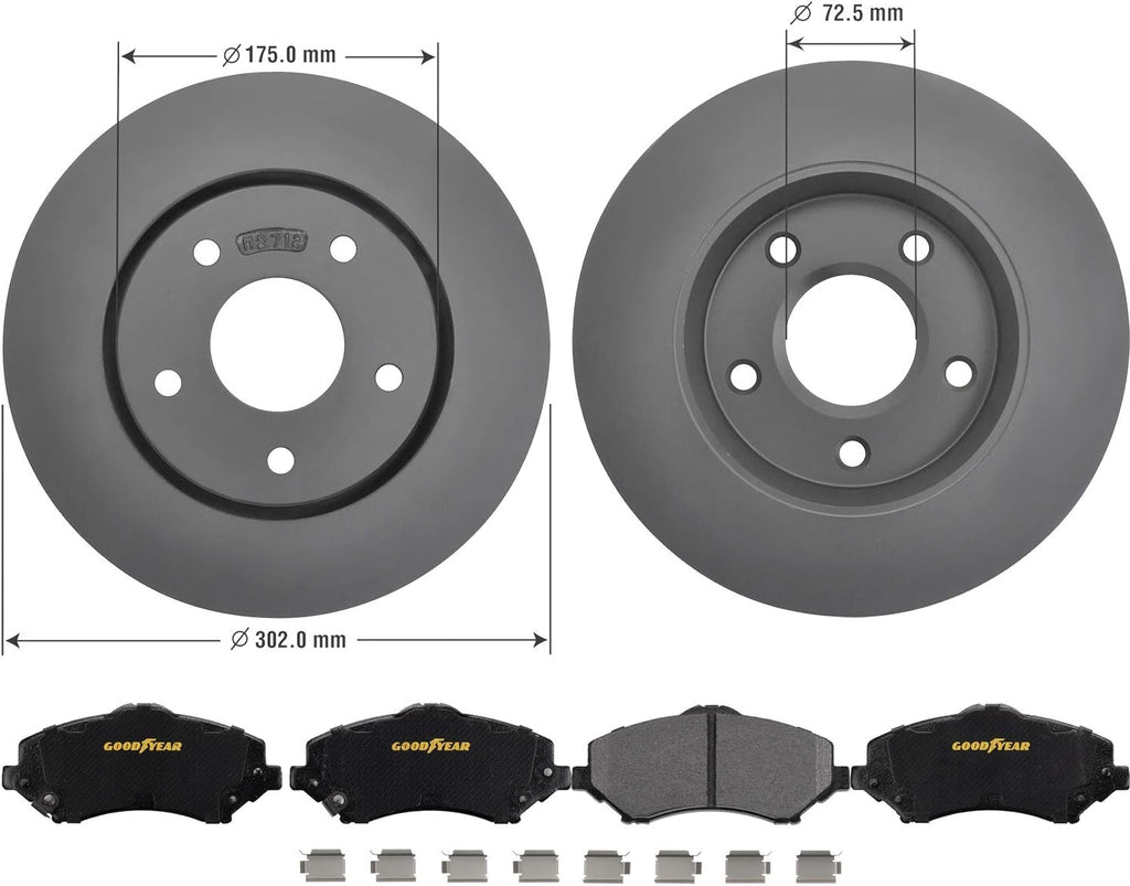 Goodyear Brakes PRK39648F | Front Brake Kit w/Pair (2) of Coated Brake Rotors & Carbon-Ceramic Brake Pads fit Chrysler Town & Country 16-08; Dodge Grand Caravan 16-08 & More - See Applications Below