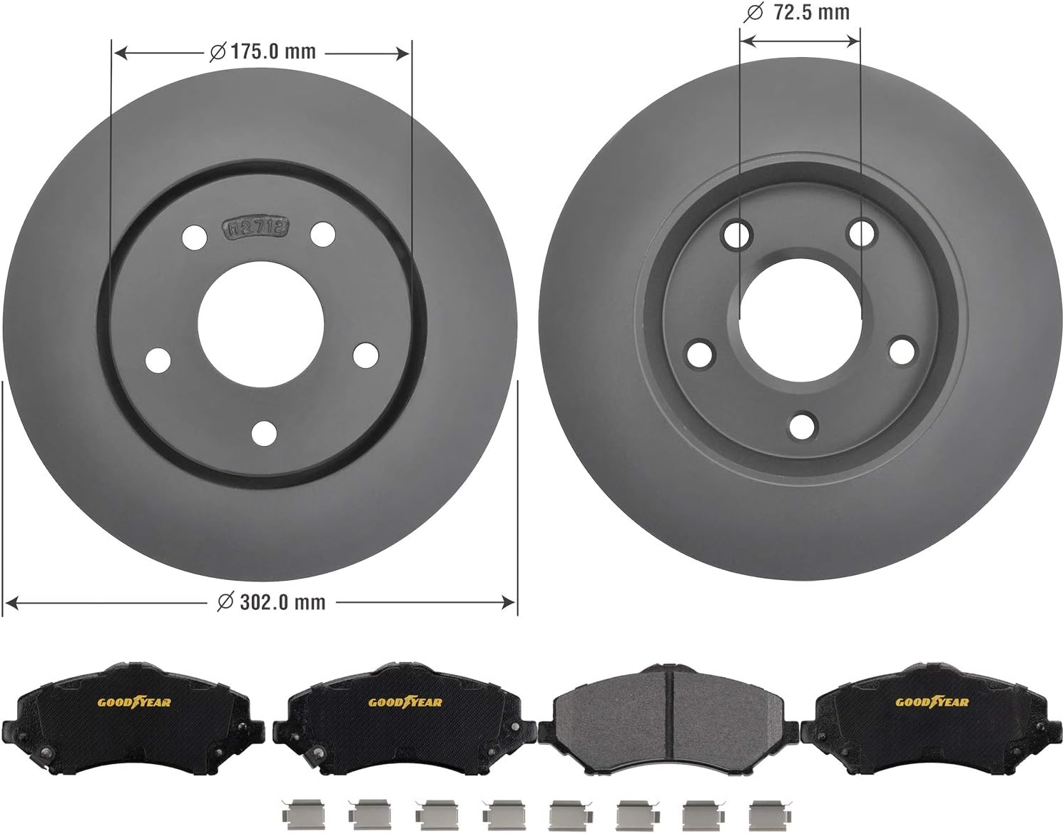 Goodyear Brakes PRK39648F | Front Brake Kit w/Pair (2) of Coated Brake Rotors & Carbon-Ceramic Brake Pads fit Chrysler Town & Country 16-08; Dodge Grand Caravan 16-08 & More - See Applications Below