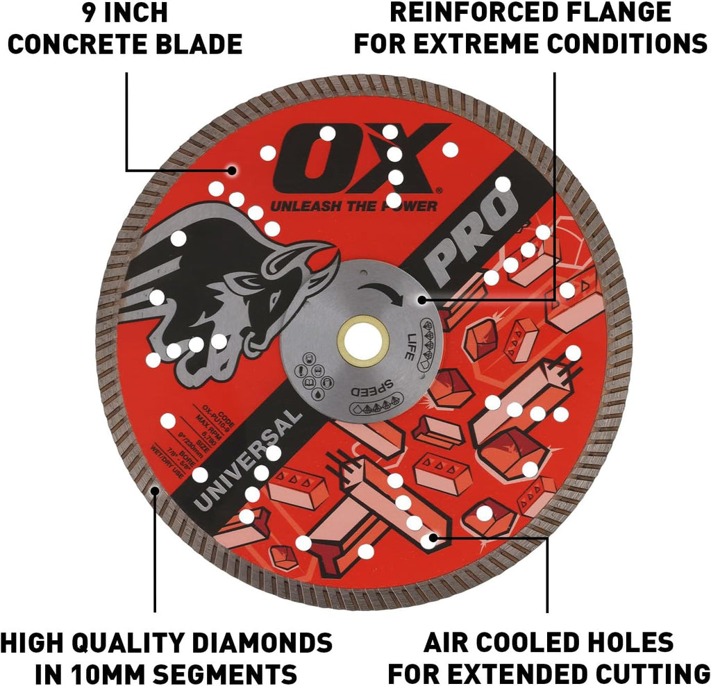 OX Tools Pro 14' Universal Dry/Wet Cutting Diamond Blade for Concrete Saw Cuts Granite, Metal, Natural Stone and Tiles - 20mm - 1 inch Bore, Continuous Turbo Segments, OX-PU10-14