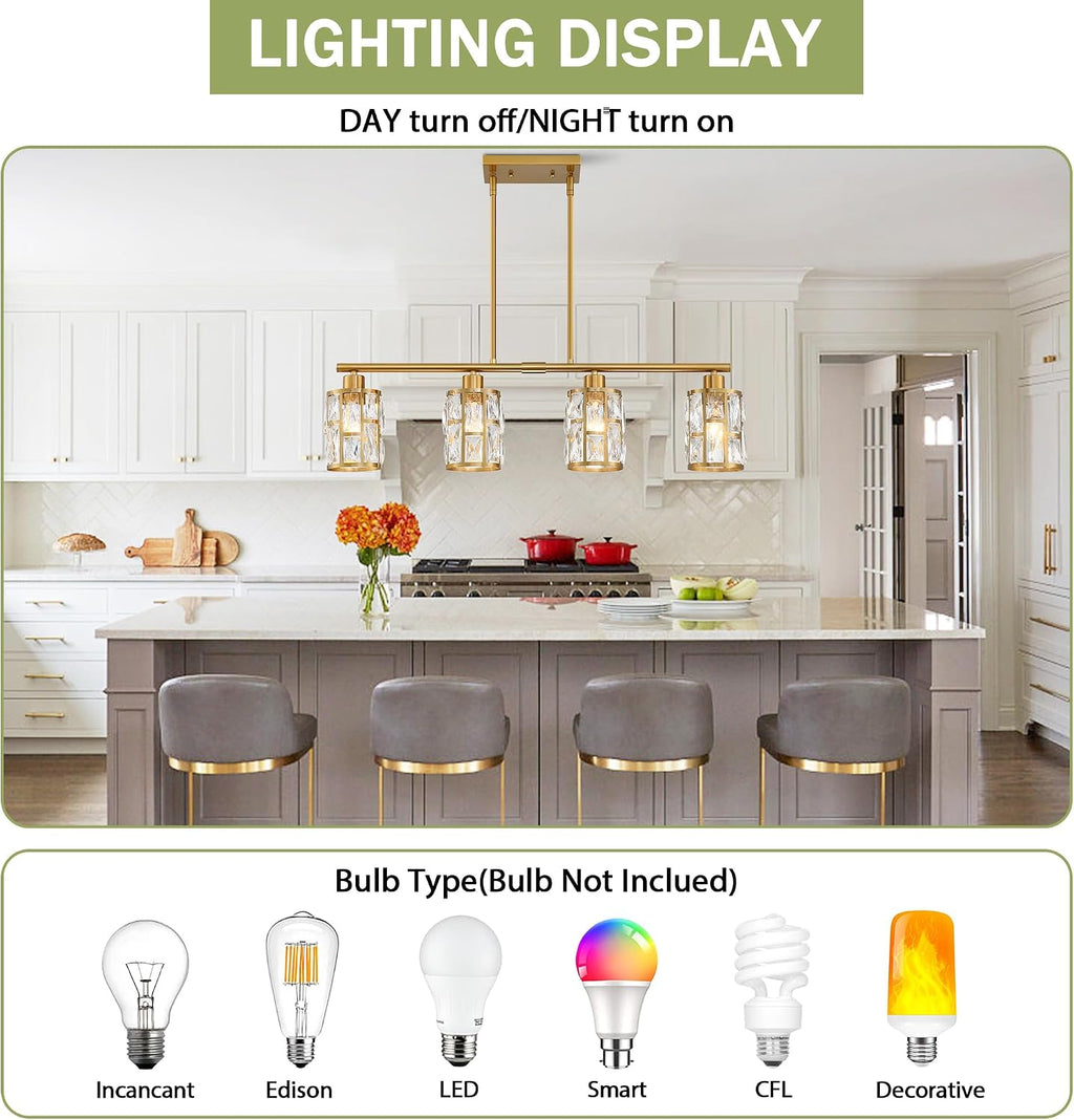 MEXO Gold Crystal Pendant Light Fixture for Kitchen Island Dining Room, Farmhouse Chandelier Gold Close to Ceiling Lightings Over Table