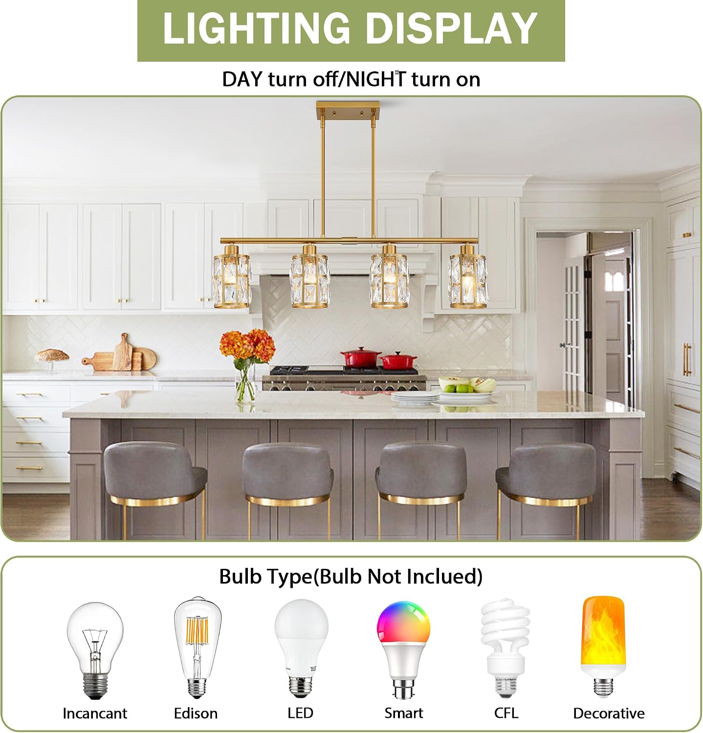 MEXO Gold Crystal Pendant Light Fixture for Kitchen Island Dining Room, Farmhouse Chandelier Gold Close to Ceiling Lightings Over Table