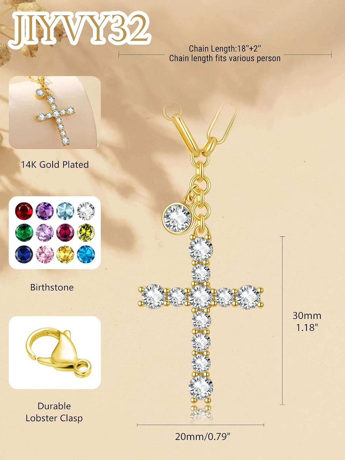 Cross Necklace for Women 14K Gold Birthstone Anniversary Birthday Gift for Wife Mom Protection Christian Jewelry Adjustable Chain