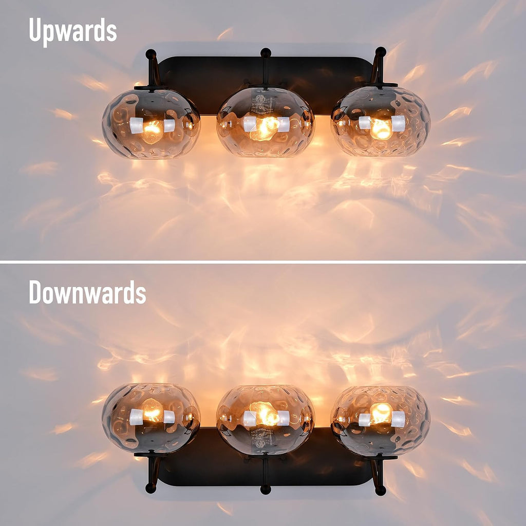 23' Matte Black Vanity Light Smoked Hammered Glass Wall Sconce 3-Light Grey Lampshade Wall Lamp for Hallway Living Room Stairwell Bathroom Over Mirror
