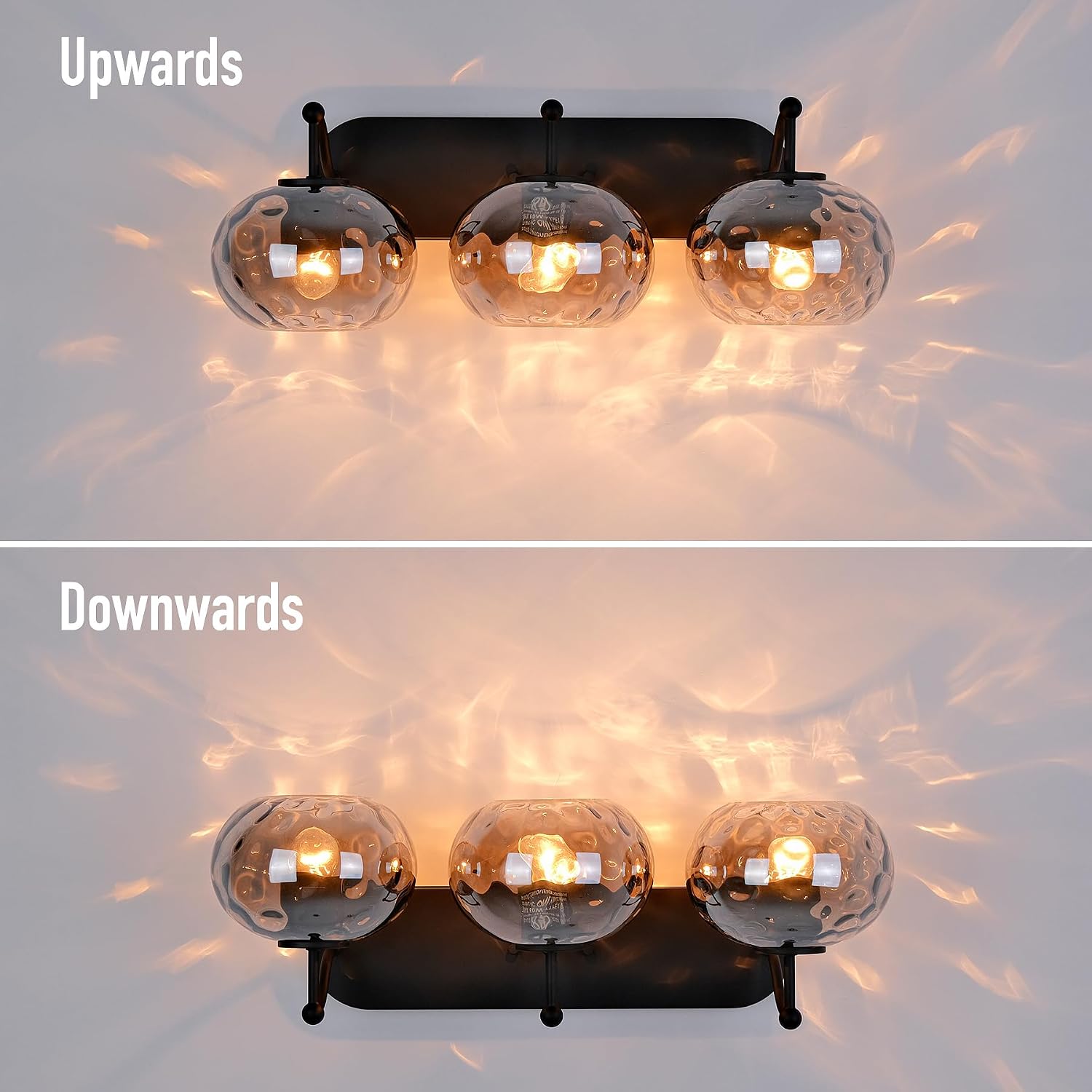 23' Matte Black Vanity Light Smoked Hammered Glass Wall Sconce 3-Light Grey Lampshade Wall Lamp for Hallway Living Room Stairwell Bathroom Over Mirror