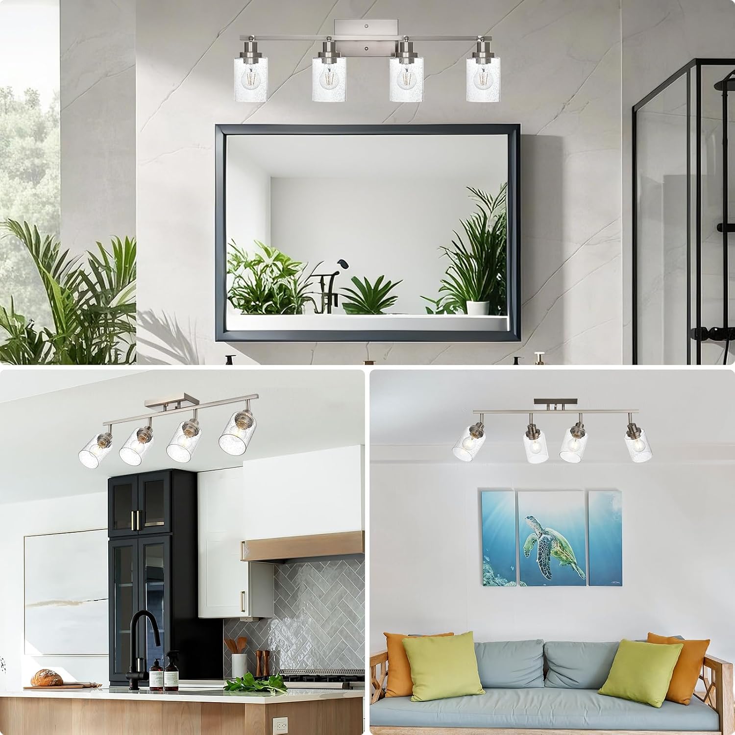 4-Light Brushed Nickel Kitchen Track Lighting Fixtures Ceiling Mount Track Lighting Kit with Bubble Seeded Glass Shade Modern Bathroom Tracking Vanity Lights Ceiling Tracking Accent Shop Light