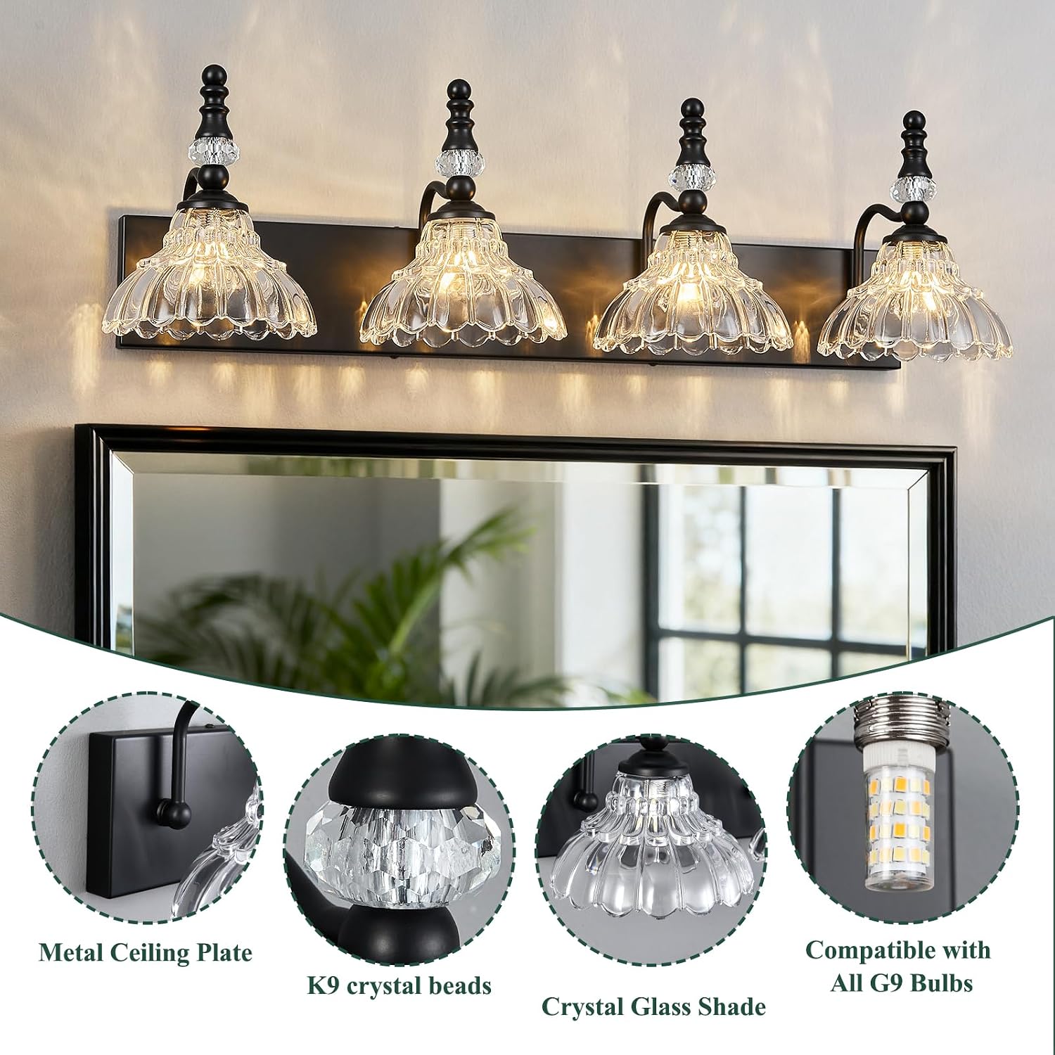 Vintage Bathroom Vanity Light, 4-Light Black Vanity Lighting Fixture with Flower Glass Shade, Bathroom Lighting Fixtures Over Mirror