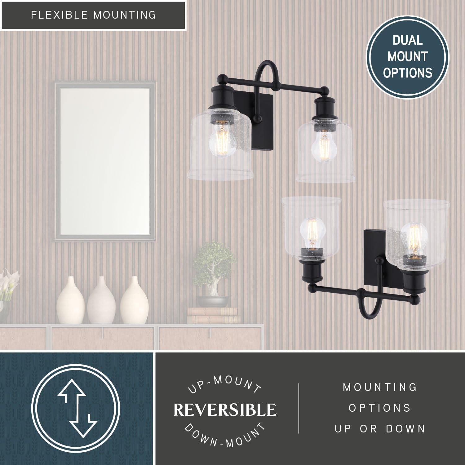 VAXCEL Northbrook 2-Light 16 in. Wide Matte Black Traditional Bathroom Vanity Lighting Fixture, Clear Seeded Glass Shade, Dimmable, LED Compatible, Over The Mirror Mounted Steel Wall Sconce