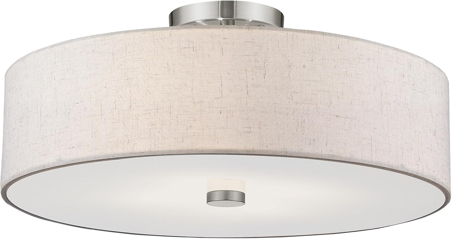 Livex Lighting 52136-91 Meridian Collection 4-Light Semi Flush Mount Ceiling Fixture with Oatmeal Color Fabric Hardback Drum Shade and Satin White Diffuser, Brushed Nickel