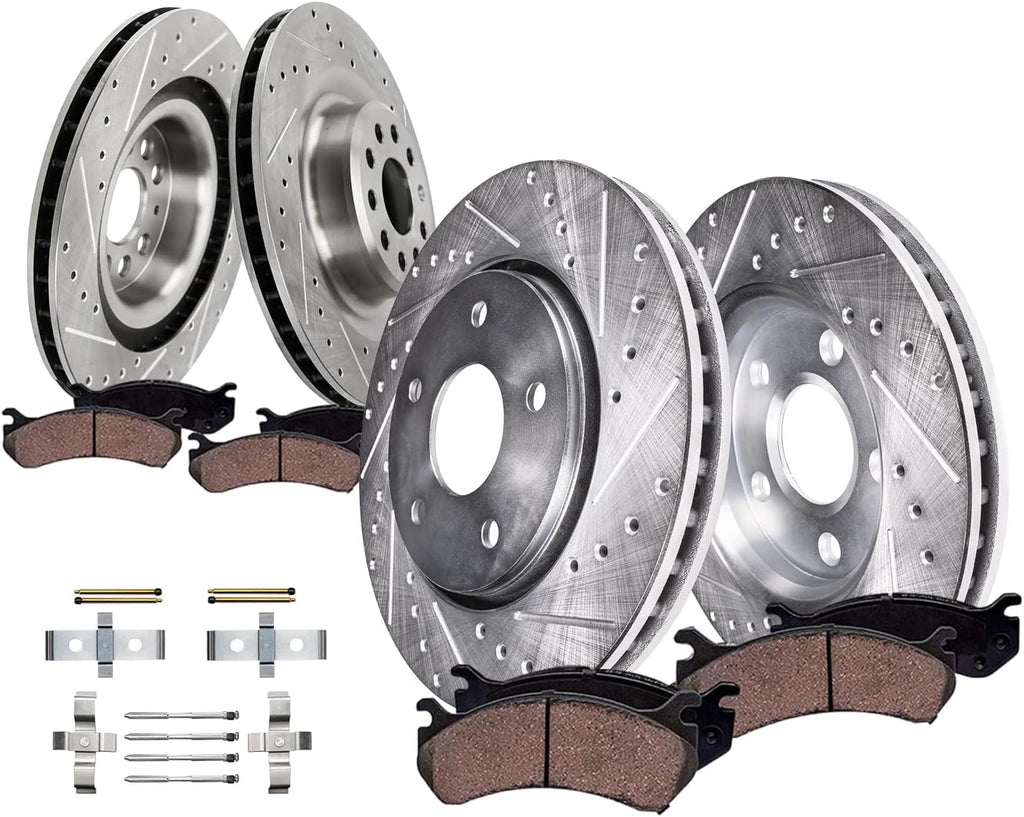 Detroit Axle - 8pc Brake Kit for 2016 Tesla Model S, Drilled and Slotted Disc Brake Rotors Ceramic Brakes Pads with Hardware Replacement: 13.98' inch Front and 14.37' inch Rear Rotor