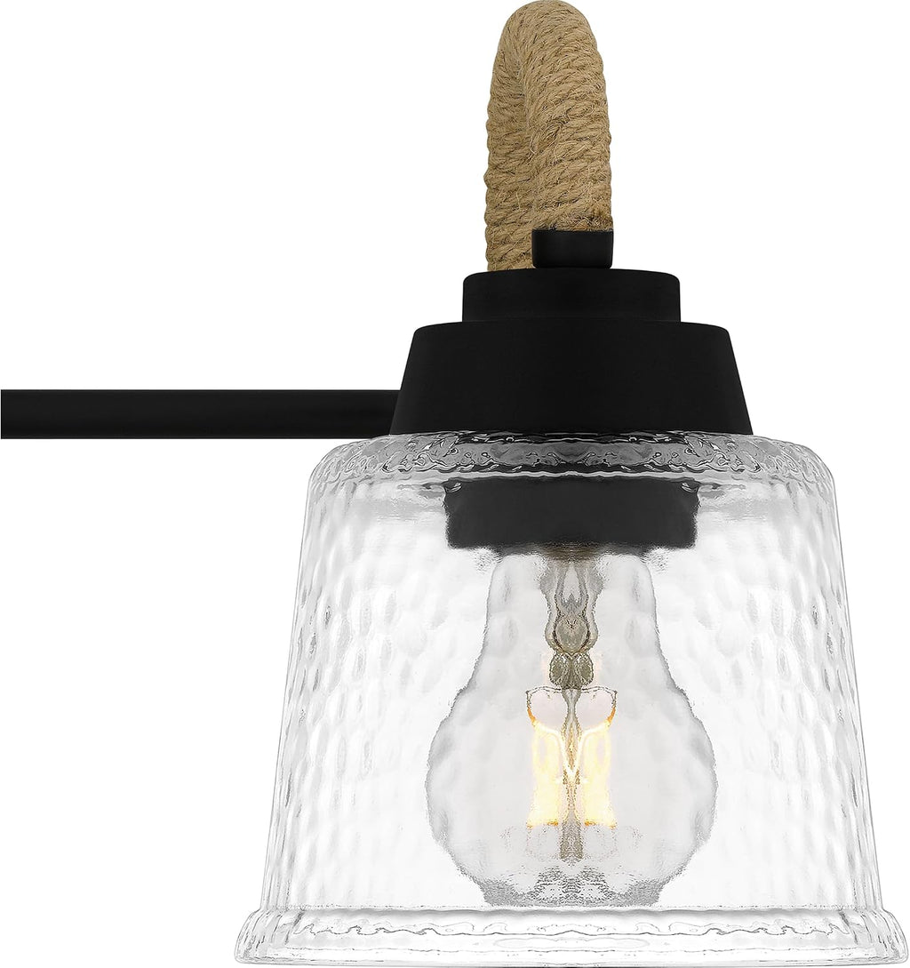 Quoizel Seabreeze Bath Vanity Lights,22 Inch 3-Light Matte Black Coastal-Inspired Lighting Fixtures Over Mirror, Clear Hammered Glass, 100W, Transitional Wall Light for Bathroom, Dresser or Sink
