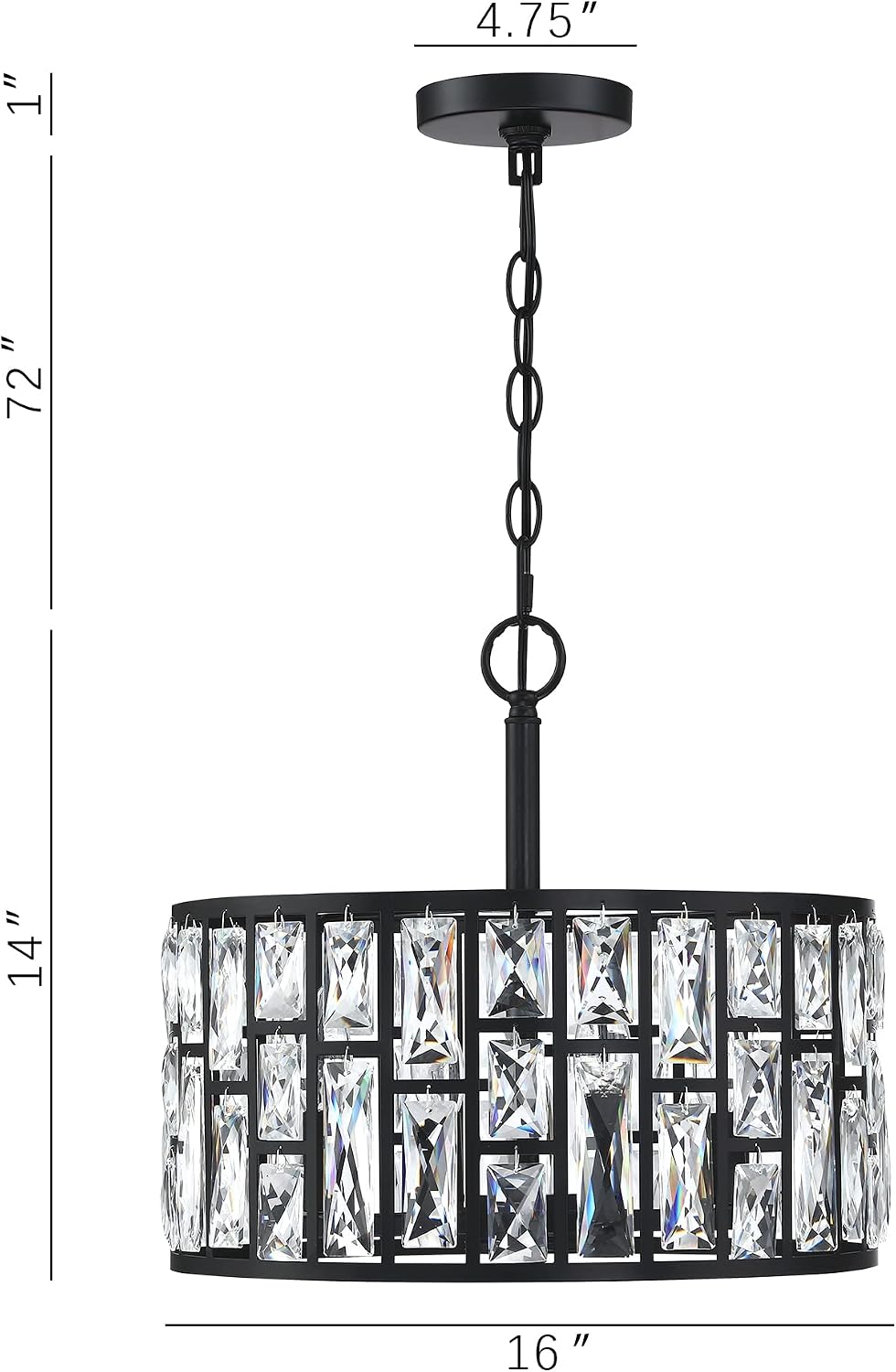 MEXO Farmhouse Crystal Convertible Chandelier and Semi Flush Mount Lighting Black Cylinder Drum Shade Pendant for Kitchen Island Dining Room Bedroom Hallway