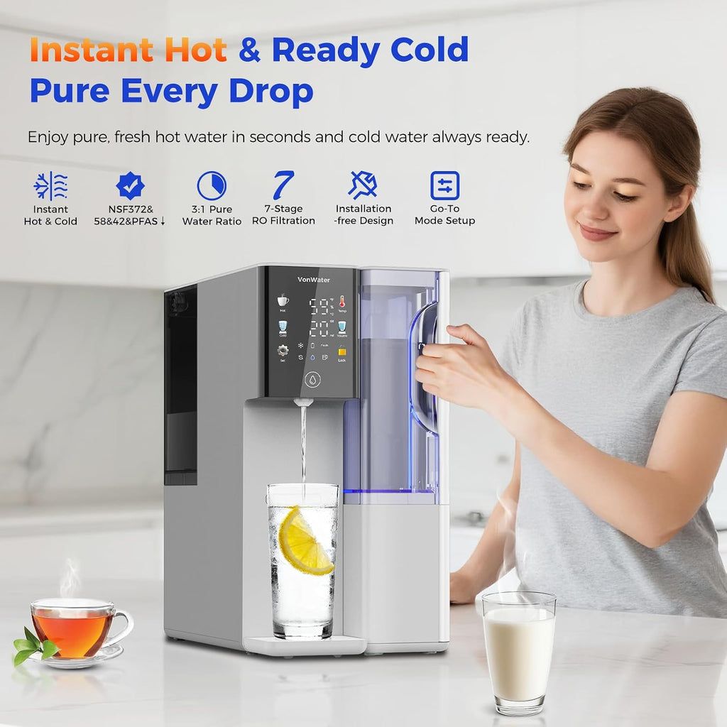 Countertop Reverse Osmosis Water Filter, Hot and Cold RO System with 2 Filters for Up to 4 Years of Life, 3s Instant Hot, 7-Stage RO Filtration, NSF/ANSI372/42/58 - C5 Bundle