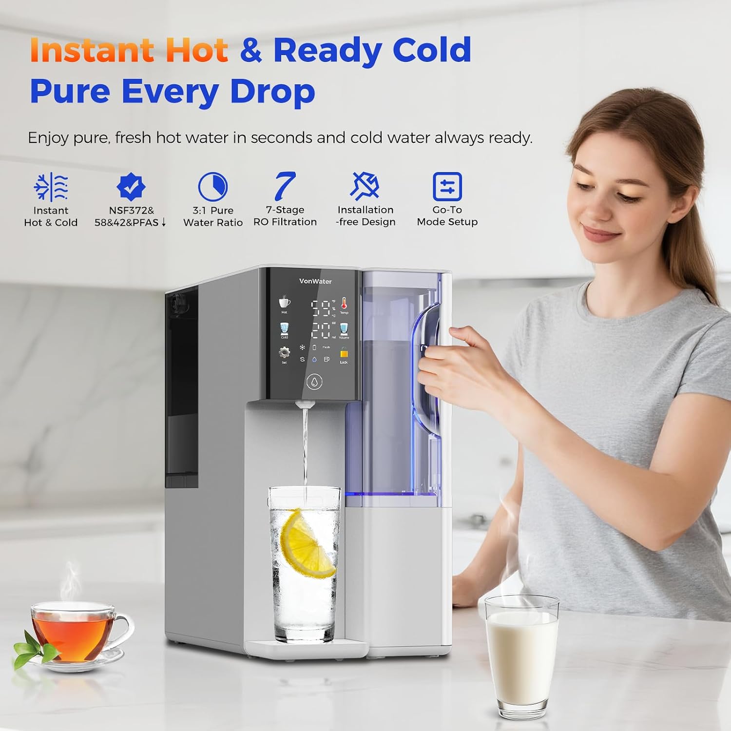 Countertop Reverse Osmosis Water Filter, Hot and Cold RO System with 2 Filters for Up to 4 Years of Life, 3s Instant Hot, 7-Stage RO Filtration, NSF/ANSI372/42/58 - C5 Bundle
