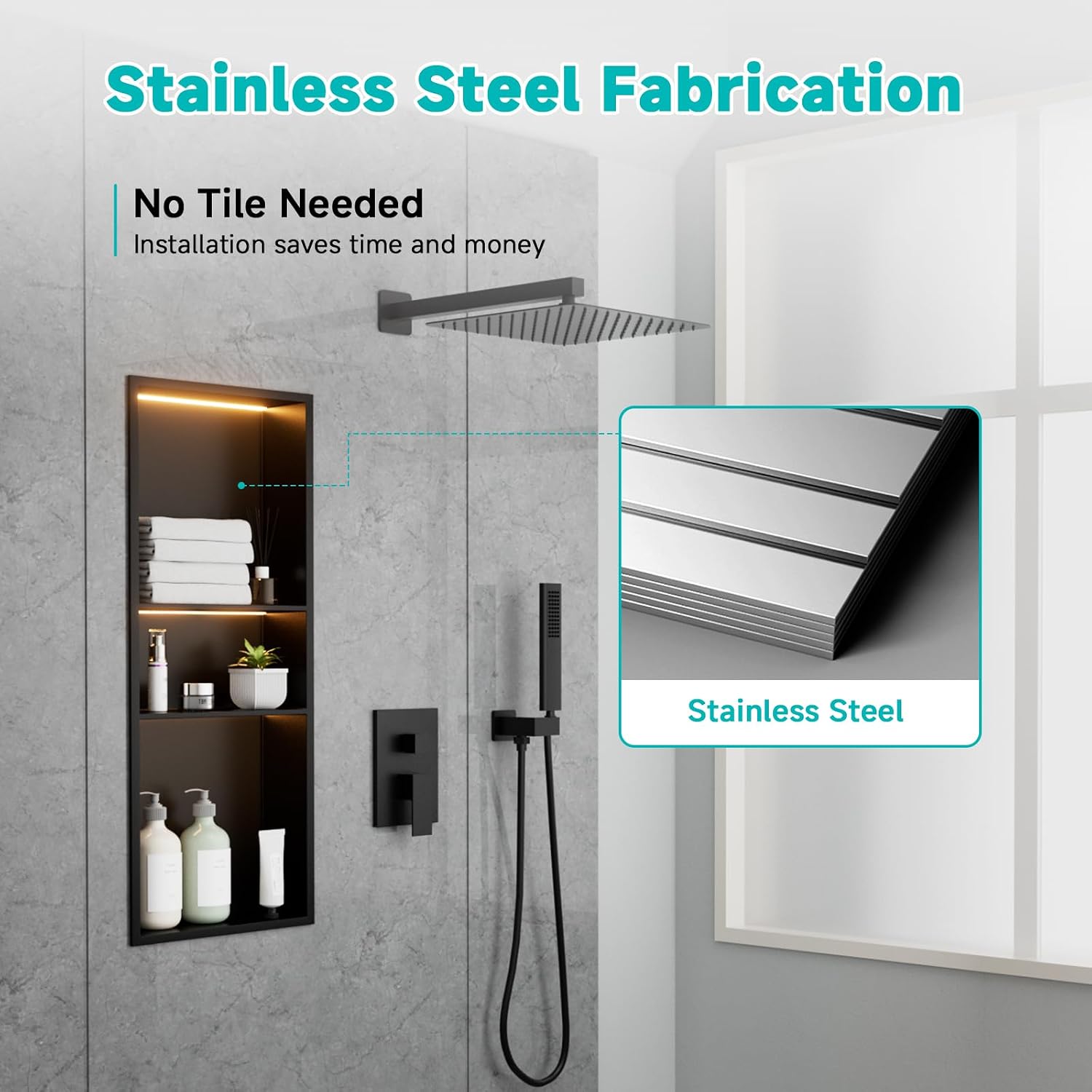 Black Stainless Steel Shower Niche with LED Lights 12' x 30' – Recessed Shower Shelf with 3-Tier Storage, Waterproof & Rustproof Bathroom Wall Niche
