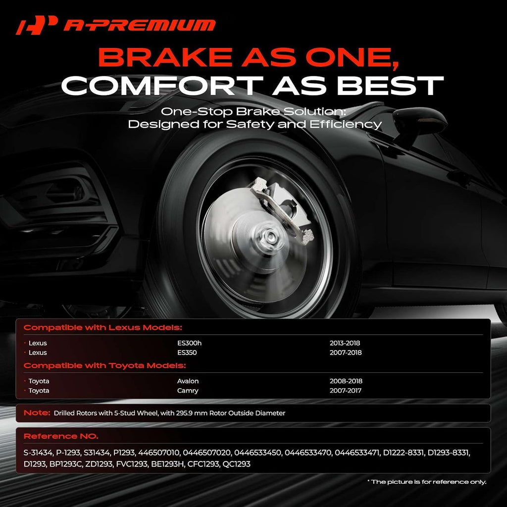 A-Premium 11.65 inch(295.9 mm) Front Drilled and Slotted Disc Brake Rotors + Ceramic Pads Kit Compatible with Lexus and Toyota Models - Camry 07-17, Avalon 08-18, ES350 07-18, ES300h 13-18, 6-PC Set