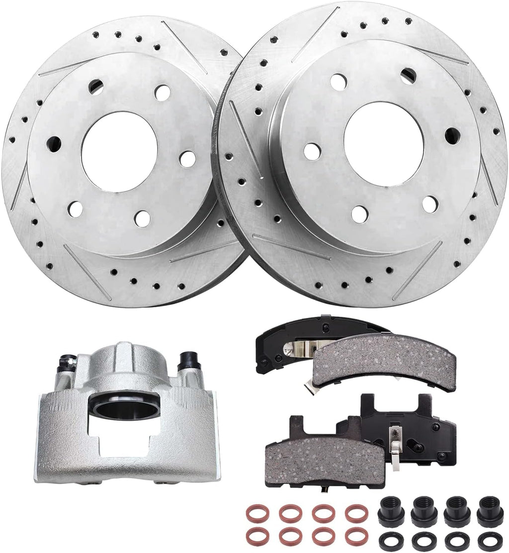 Detroit Axle - Front Brake Kit for Chevrolet K1500 K2500 GMC K1500 K2500 Pickup Tahoe, Drilled & Slotted Disc Brake Rotors Ceramic Brake Pads Driver Side Brake Caliper Replacement