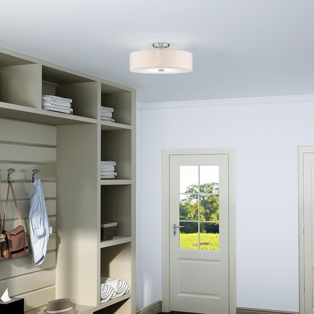 Livex Lighting 52136-91 Meridian Collection 4-Light Semi Flush Mount Ceiling Fixture with Oatmeal Color Fabric Hardback Drum Shade and Satin White Diffuser, Brushed Nickel