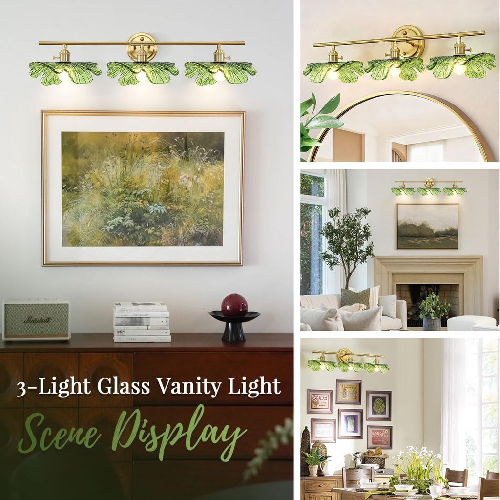3 Light Green Glass Wall Sconces Art Deco Leaf Bathroom Lighting Fixtures Over Mirror, Gold brass Wall Sconce Vintage Wall Light Mid Century Modern Vanity Lights for Living Room Bedroom Hallway
