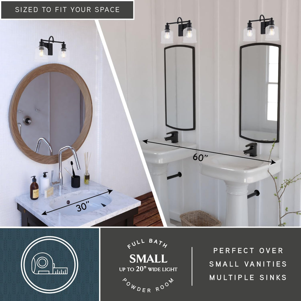 VAXCEL Northbrook 2-Light 16 in. Wide Matte Black Traditional Bathroom Vanity Lighting Fixture, Clear Seeded Glass Shade, Dimmable, LED Compatible, Over The Mirror Mounted Steel Wall Sconce