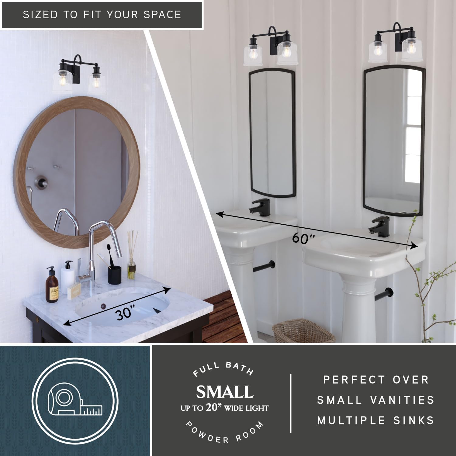 VAXCEL Northbrook 2-Light 16 in. Wide Matte Black Traditional Bathroom Vanity Lighting Fixture, Clear Seeded Glass Shade, Dimmable, LED Compatible, Over The Mirror Mounted Steel Wall Sconce